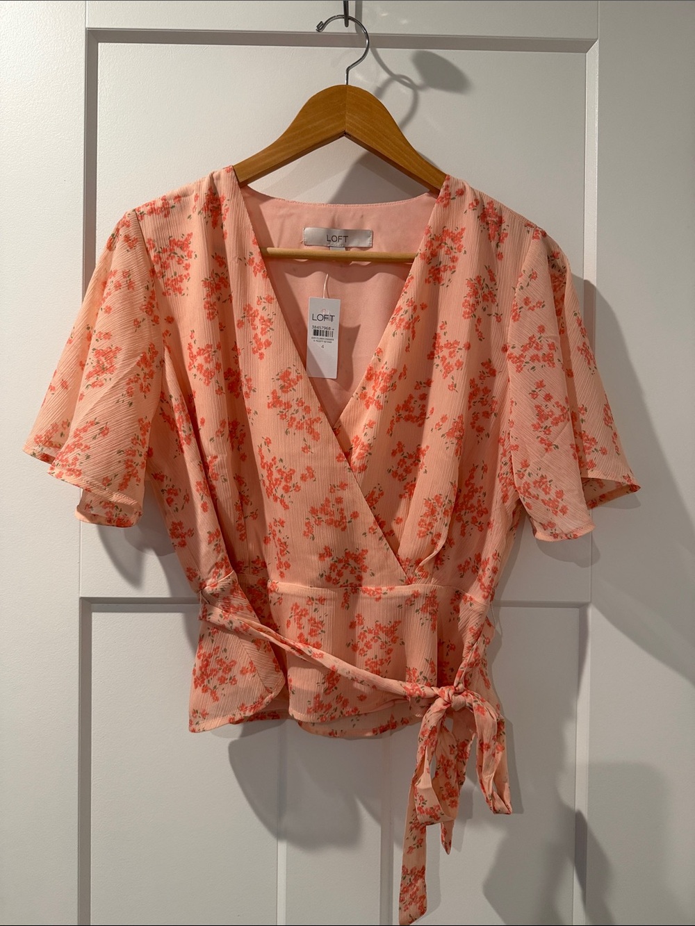 LOFT Coral Peach Floral Wrap Top Peplum Style